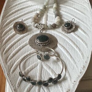 Handcrafted Silver and Dark Green Moss Agate Stone Necklace and Earring Set